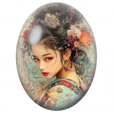 Cabochon en Verre Illustré Femme Asiatique au Chignon Fleuri pour la Création de Bijoux Fantaisie - DIY