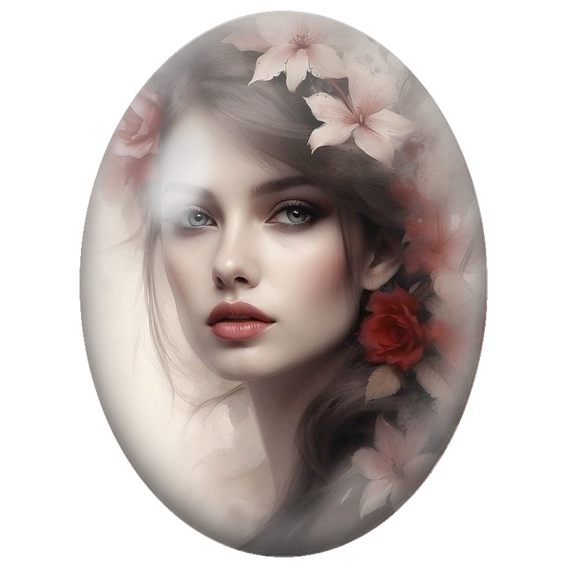 Cabochon en Verre Illustré Portrait Féminin aux Fleurs Roses et Rouges 13x18, 18x25 ou 30x40mm