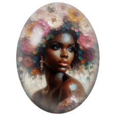 Cabochon en Verre Illustré Femme Noire à la Couronne de Fleurs Colorées pour la Création de Bijoux Fantaisie - DIY