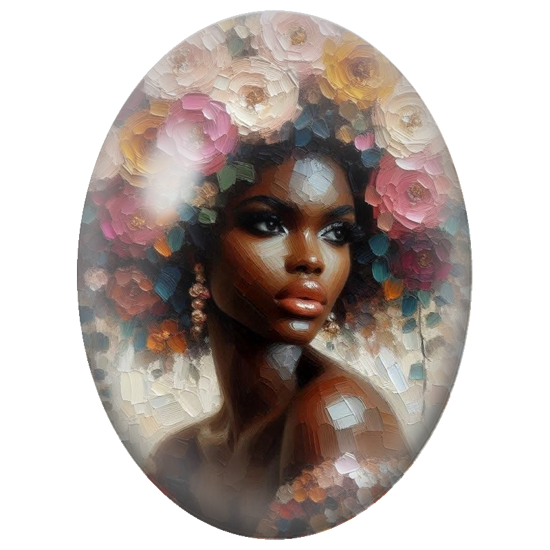 Cabochon en Verre Illustré Femme Noire à la Couronne de Fleurs Colorées 13x18, 18x25 ou 30x40mm