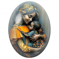 Cabochon en Verre Illustré Mère et Bébé aux Étoffes Orange et Bleues pour la Création de Bijoux Fantaisie - DIY