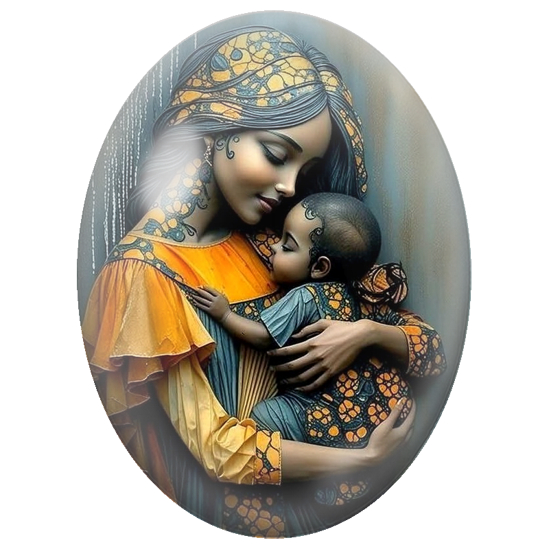 Cabochon en Verre Illustré Mère et Bébé aux Étoffes Orange et Bleues 13x18, 18x25 ou 30x40mm
