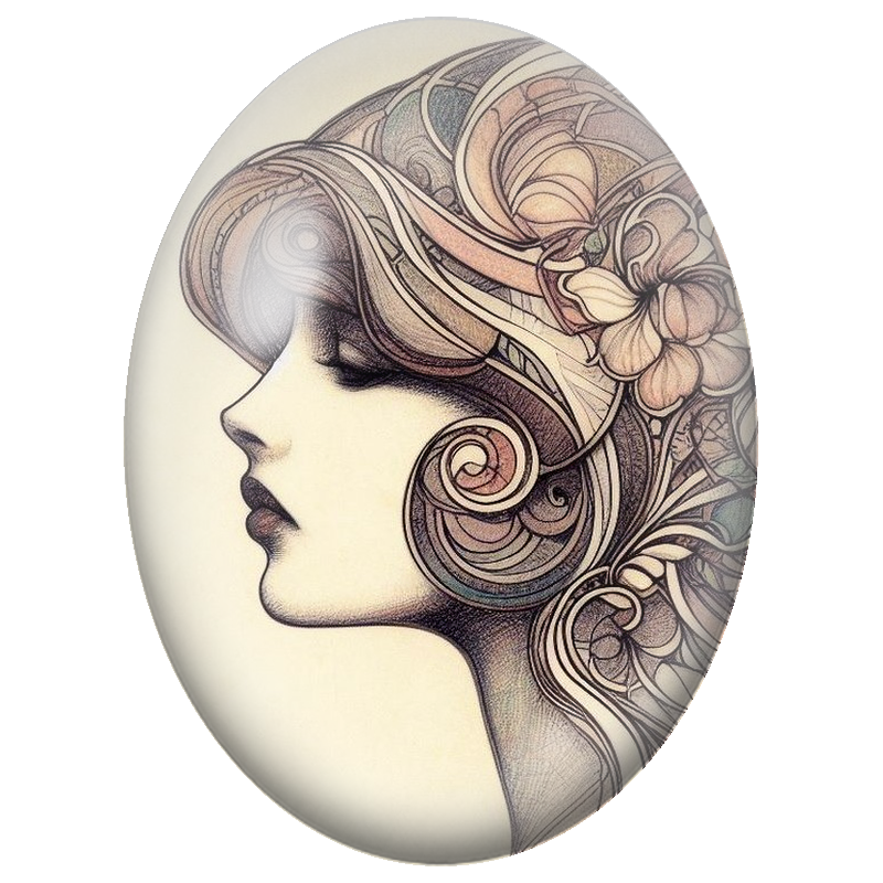 Cabochon en Verre Illustré Profil Féminin aux Volutes Poudrées 13x18, 18x25 ou 30x40mm