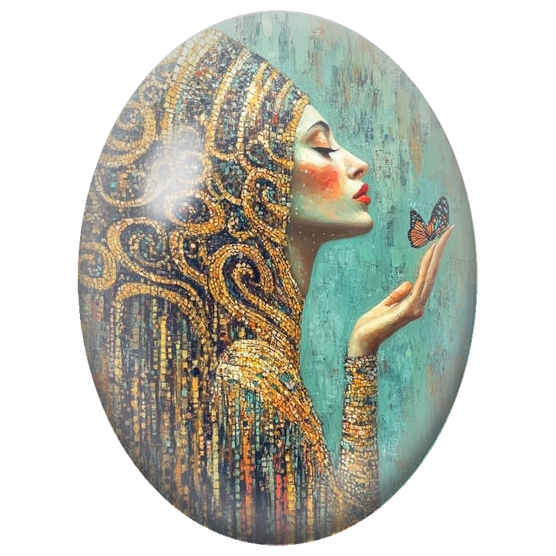 Cabochon en Verre Illustré Femme au Voile Doré et Papillon Orange 13x18, 18x25 ou 30x40mm