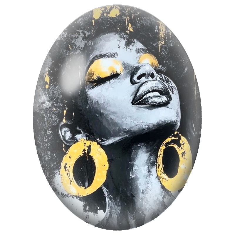 Cabochon en Verre Illustré Femme aux Boucles d’Oreilles Dorées 13x18, 18x25 ou 30x40mm