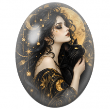 Cabochon en Verre Illustré Femme au Chat Noir et Volutes Dorées pour la Création de Bijoux Fantaisie - DIY