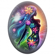 Cabochon en Verre Illustré Silhouette Féminine Fleurie aux Cheveux Arc-en-Ciel pour la Création de Bijoux Fantaisie - DIY