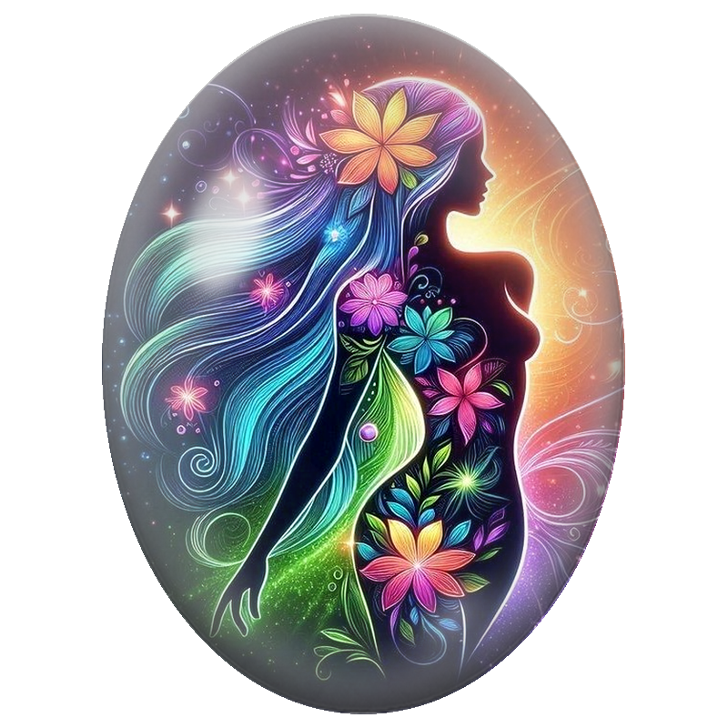 Cabochon en Verre Illustré Silhouette Féminine Fleurie aux Cheveux Arc-en-Ciel 13x18, 18x25 ou 30x40mm