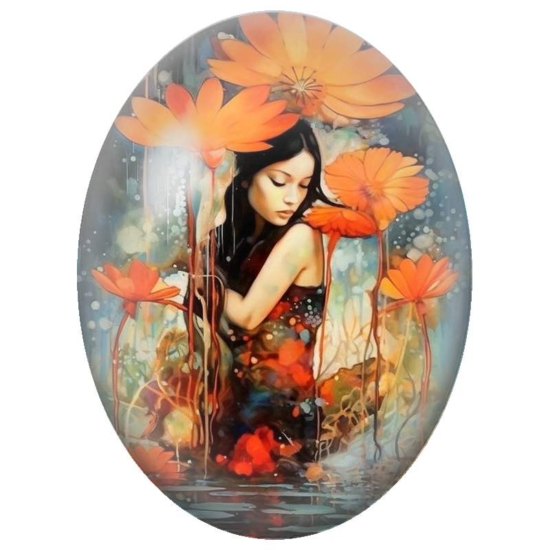 Cabochon en Verre Illustré Femme parmi les Fleurs Orange 13x18, 18x25 ou 30x40mm