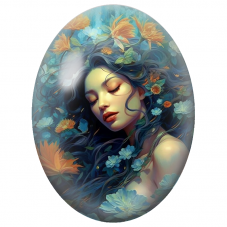 Cabochon en Verre Illustré Femme Endormie aux Fleurs Bleues et Orange pour la Création de Bijoux Fantaisie - DIY