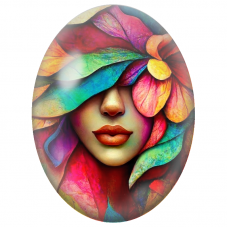 Cabochon en Verre Illustré Visage Féminin sous les Feuilles Colorées pour la Création de Bijoux Fantaisie - DIY