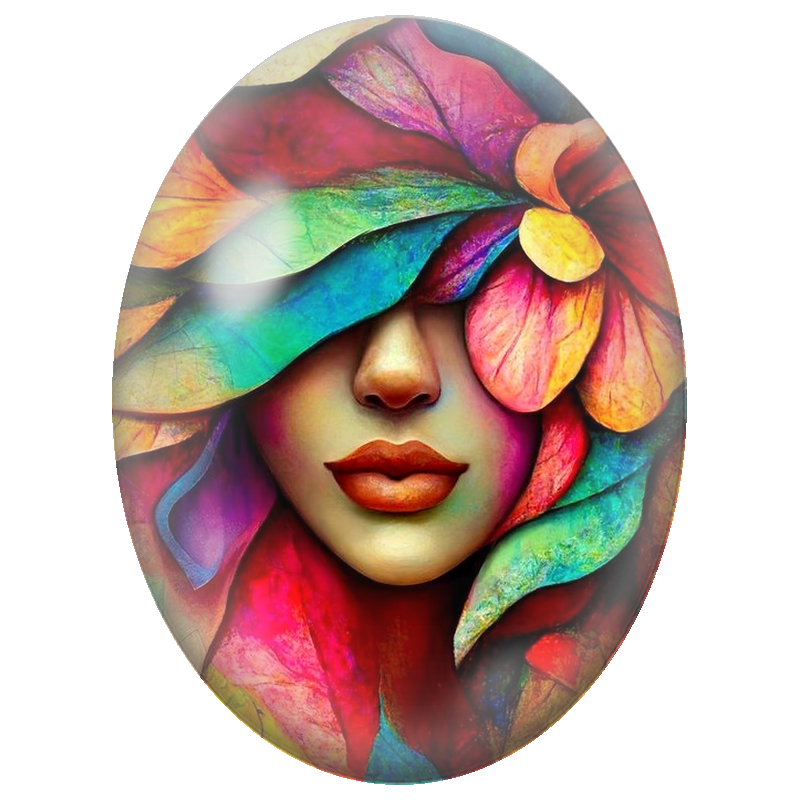 Cabochon en Verre Illustré Visage Féminin sous les Feuilles Colorées 13x18, 18x25 ou 30x40mm