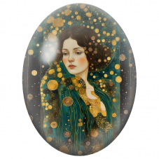 Cabochon en Verre Illustré Femme en Vert aux Spirales Dorées pour la Création de Bijoux Fantaisie - DIY