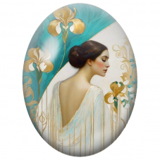 Cabochon en Verre Illustré Femme en Blanc aux Iris Dorés pour la Création de Bijoux Fantaisie - DIY