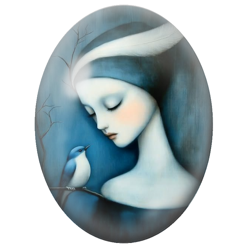 Cabochon en Verre Illustré Femme en Bleu avec un Oiseau 13x18, 18x25 ou 30x40mm