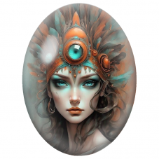 Cabochon en Verre Illustré Femme à la Coiffe de Plumes et Œil Turquoise pour la Création de Bijoux Fantaisie - DIY