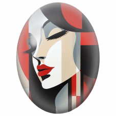 Cabochon en Verre Illustré Visage Féminin Géométrique Rouge et Noir pour la Création de Bijoux Fantaisie - DIY