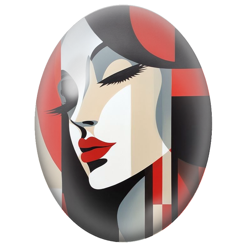 Cabochon en Verre Illustré Visage Féminin Géométrique Rouge et Noir 13x18, 18x25 ou 30x40mm