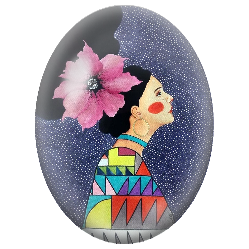 Cabochon en Verre Illustré Femme de Profil à la Grande Fleur Rose 13x18, 18x25 ou 30x40mm