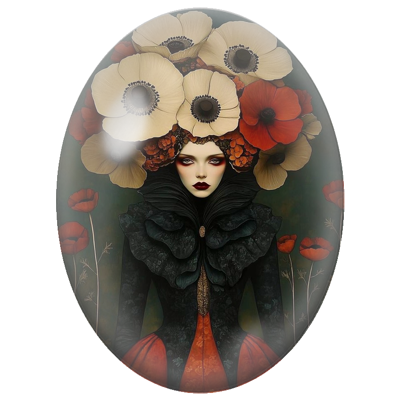 Cabochon en Verre Illustré Dame Noire à la Couronne de Coquelicots 13x18, 18x25 ou 30x40mm