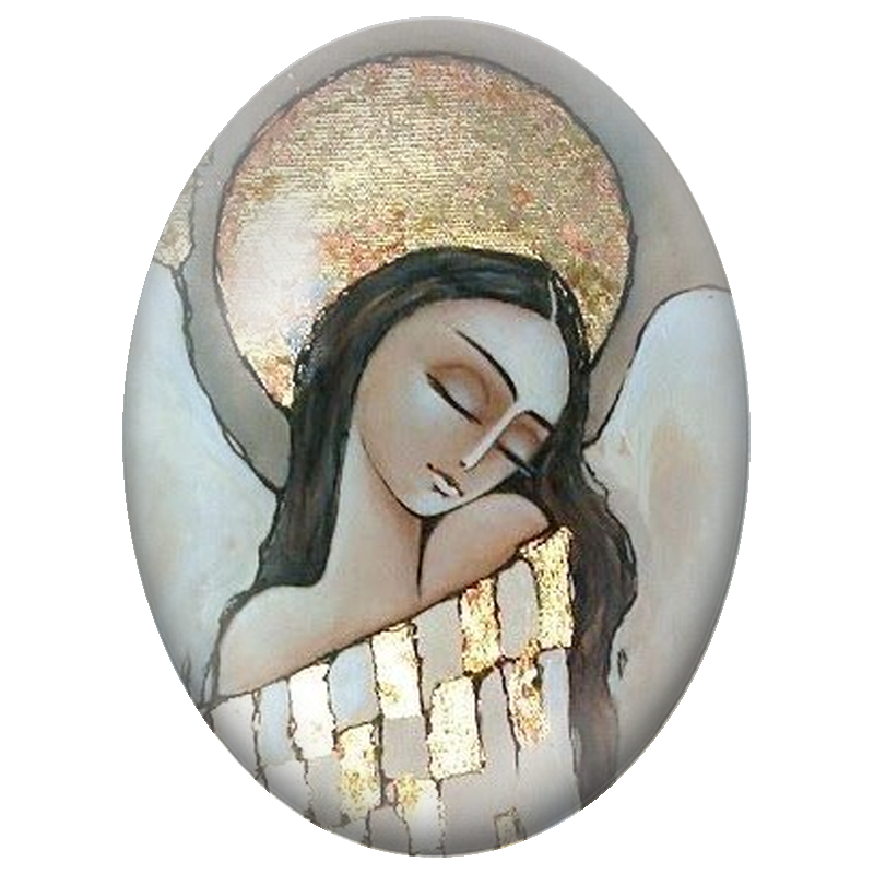 Cabochon en Verre Illustré Ange Endormi au Halo Doré 13x18, 18x25 ou 30x40mm