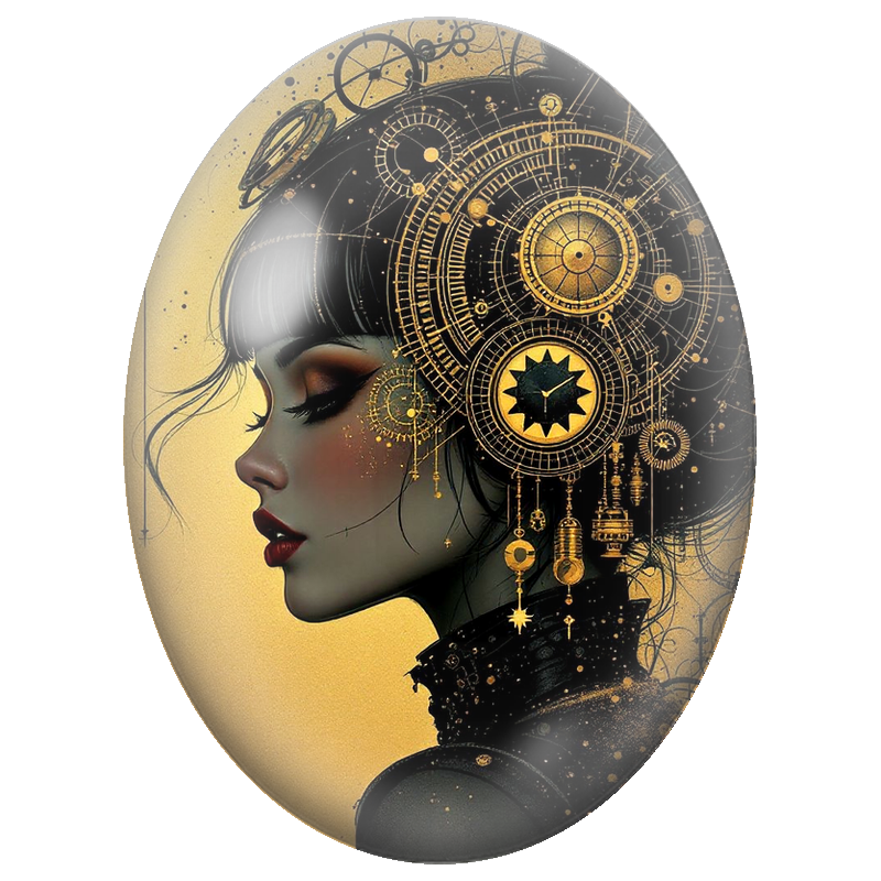 Cabochon en Verre Illustré Femme à la Coiffe Mécanique Dorée 13x18, 18x25 ou 30x40mm