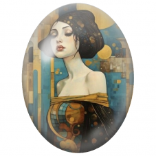 Cabochon en Verre Illustré Femme Art Déco devant la Ville Bleue pour la Création de Bijoux Fantaisie - DIY