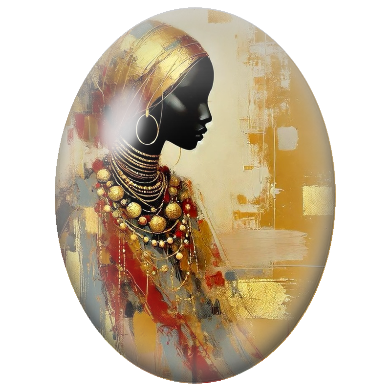 Cabochon en Verre Illustré Femme Noire au Turban et Bijoux Dorés 13x18, 18x25 ou 30x40mm