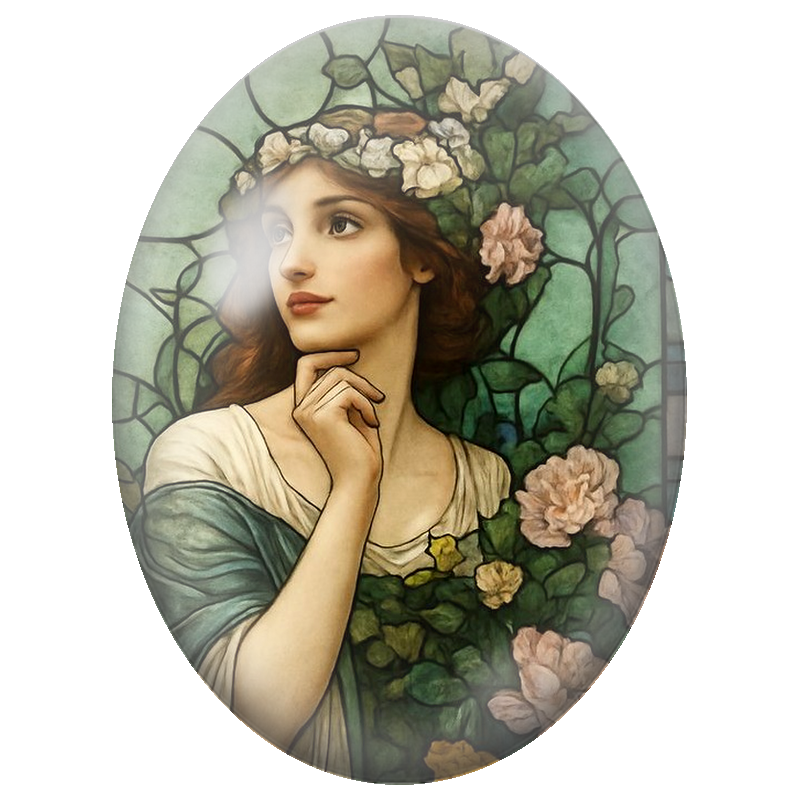 Cabochon en Verre Illustré Femme Rousse à la Couronne de Fleurs 13x18, 18x25 ou 30x40mm