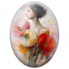 Cabochon en Verre Illustré Femme au Bouquet de Coquelicots pour la Création de Bijoux Fantaisie - DIY