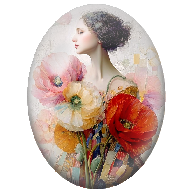 Cabochon en Verre Illustré Femme au Bouquet de Coquelicots 13x18, 18x25 ou 30x40mm