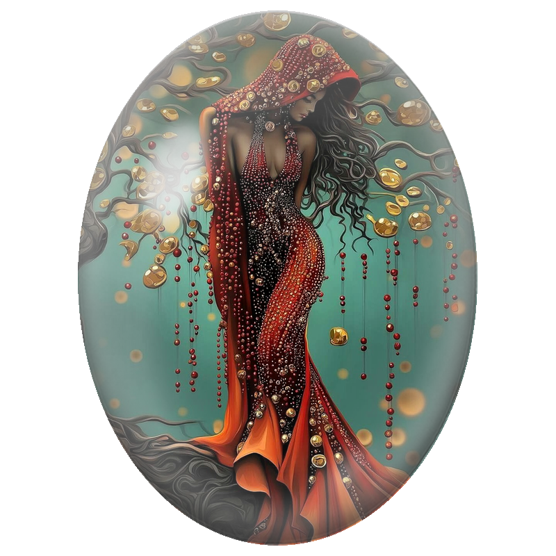 Cabochon en Verre Illustré Femme à la Robe Rouge Perlée 13x18, 18x25 ou 30x40mm