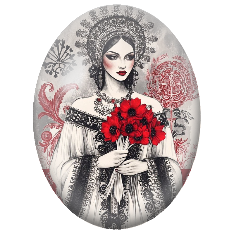Cabochon en Verre Illustré Femme au Costume Traditionnel et Coquelicots 13x18, 18x25 ou 30x40mm