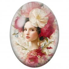 Cabochon en Verre Illustré Femme à la Coiffe de Fleurs Roses et Blanches pour la Création de Bijoux Fantaisie - DIY
