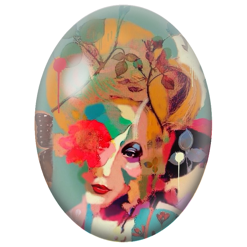 Cabochon en Verre Illustré Visages Féminins Abstraits et Fleurs Rouges 13x18, 18x25 ou 30x40mm