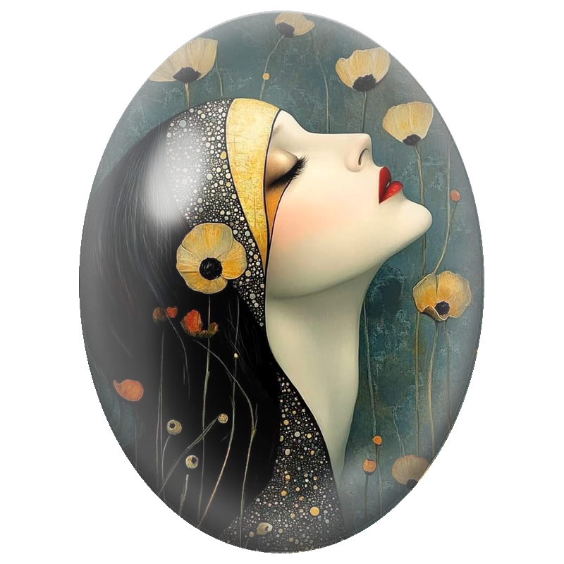 Cabochon en Verre Illustré Femme aux Fleurs Dorées 13x18, 18x25 ou 30x40mm