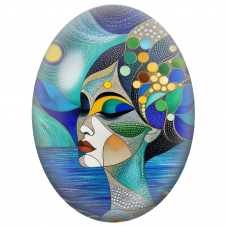 Cabochon en Verre Illustré Femme Mosaïque au Bord de la Mer pour la Création de Bijoux Fantaisie - DIY