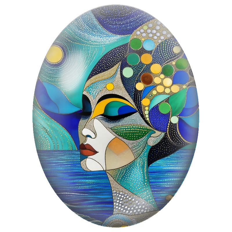 Cabochon en Verre Illustré Femme Mosaïque au Bord de la Mer 13x18, 18x25 ou 30x40mm