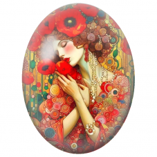 Cabochon en Verre Illustré Femme Rousse aux Coquelicots Rouges pour la Création de Bijoux Fantaisie - DIY