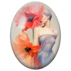 Cabochon en Verre Illustré Femme en Bleu aux Coquelicots Géants pour la Création de Bijoux Fantaisie - DIY