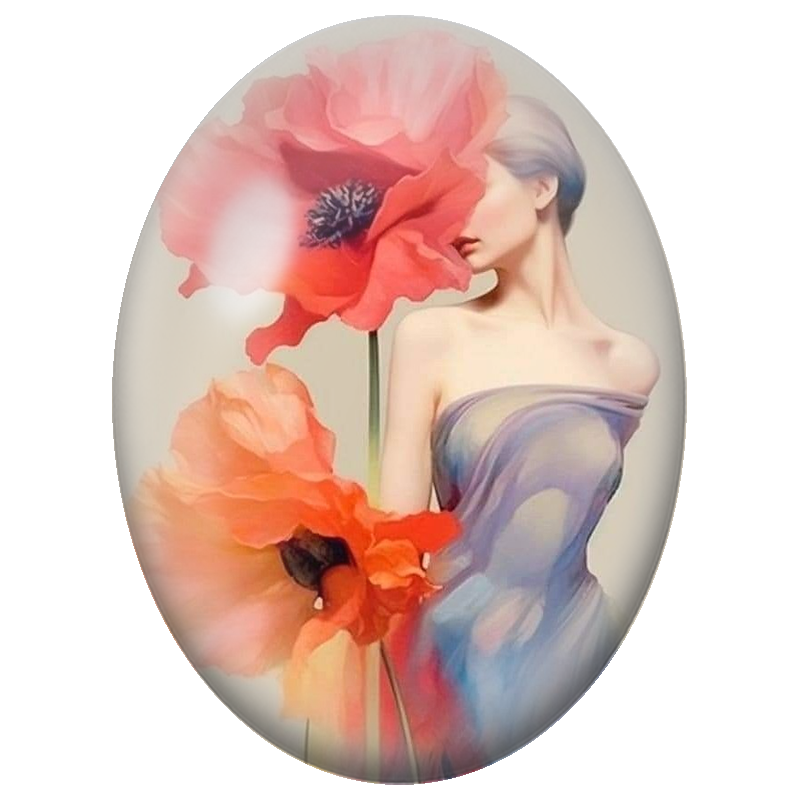 Cabochon en Verre Illustré Femme en Bleu aux Coquelicots Géants 13x18, 18x25 ou 30x40mm
