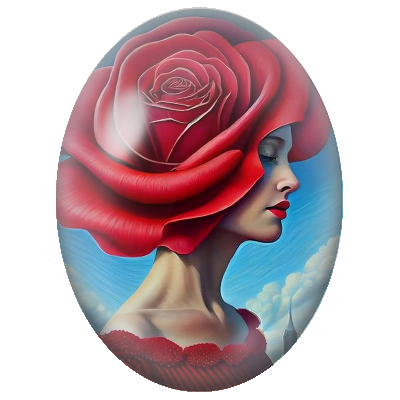 Cabochon en Verre Illustré Femme à la Coiffe Rose Rouge 13x18, 18x25 ou 30x40mm