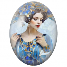 Cabochon en Verre Illustré Femme à la Parure Bleue et Dorée pour la Création de Bijoux Fantaisie - DIY