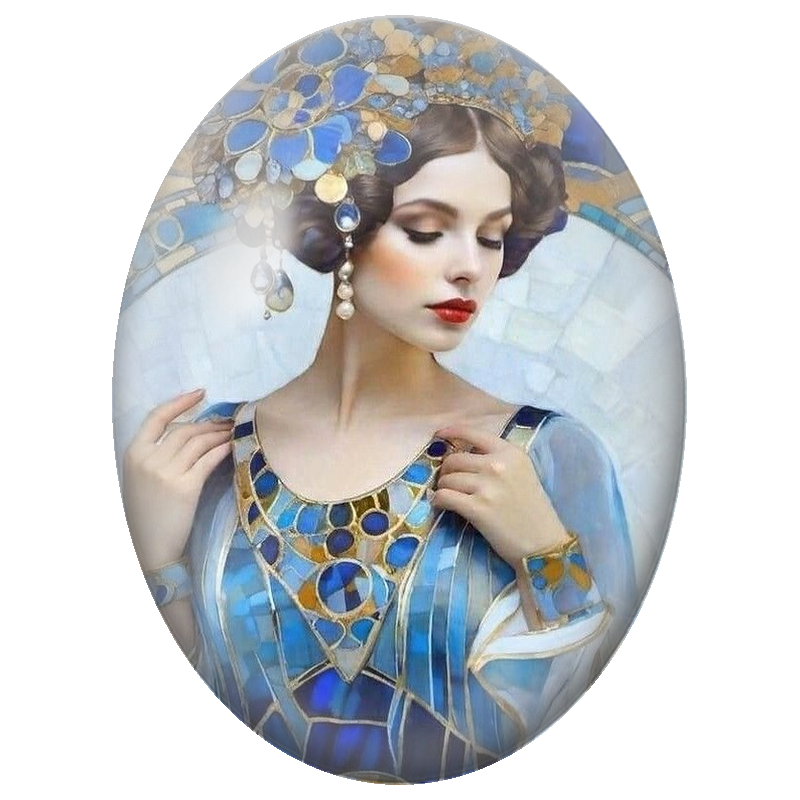 Cabochon en Verre Illustré Femme à la Parure Bleue et Dorée 13x18, 18x25 ou 30x40mm