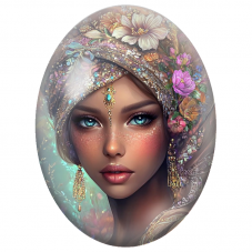 Cabochon en Verre Illustré Femme au Turban Fleuri et Joyaux Turquoise pour la Création de Bijoux Fantaisie - DIY