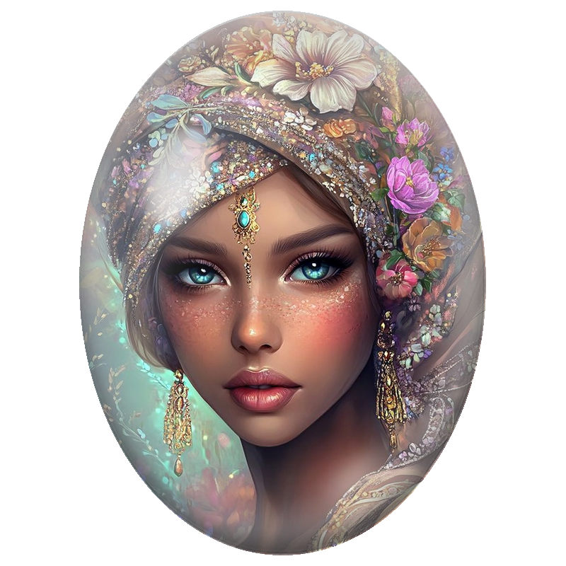Cabochon en Verre Illustré Femme au Turban Fleuri et Joyaux Turquoise 13x18, 18x25 ou 30x40mm