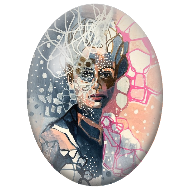 Cabochon en Verre Illustré Visage Féminin Abstrait Rose et Bleu 13x18, 18x25 ou 30x40mm