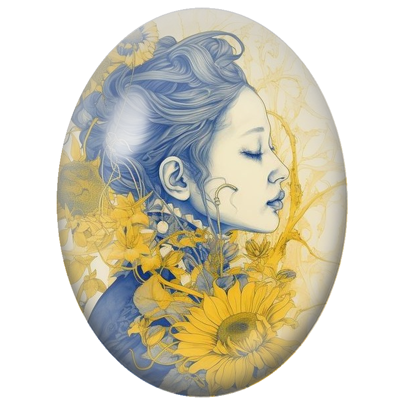 Cabochon en Verre Illustré Femme aux Cheveux Bleus et Tournesols 13x18, 18x25 ou 30x40mm