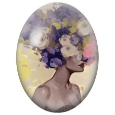 Cabochon en Verre Illustré Femme à la Coiffe de Fleurs Violettes pour la Création de Bijoux Fantaisie - DIY