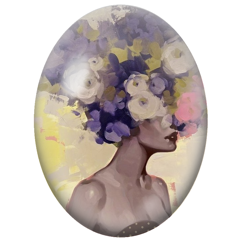 Cabochon en Verre Illustré Femme à la Coiffe de Fleurs Violettes 13x18, 18x25 ou 30x40mm